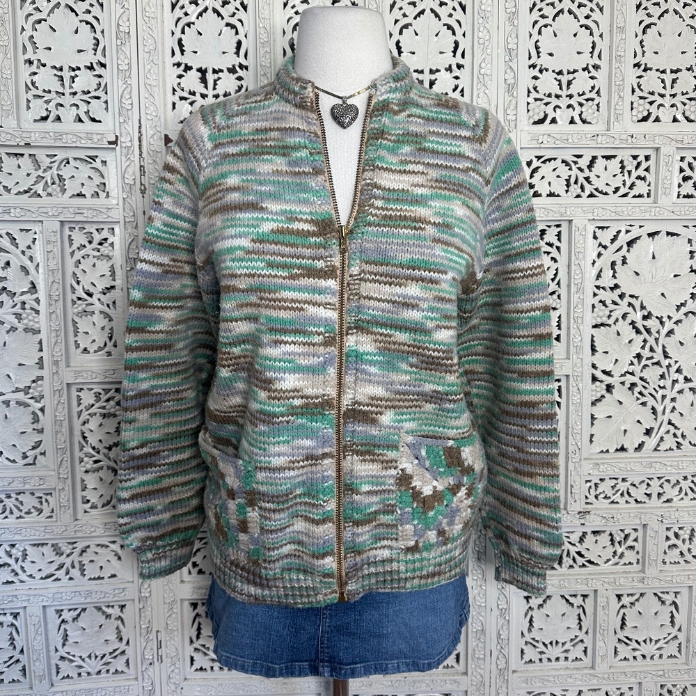 Handmade Knit Green & Brown Earthy Boho Chunky Full Zip‎ Up Cardigan Sz S/M